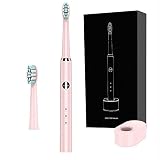 SHAOJIER Electric Toothbrush Clean as Dentist Rechargeable Sonic Toothbrush 3 Brushing Modes Timer of 2 Minutes 4 Hours Charge Minimum 30 Days Use Waterproof 2 Replacement Heads Pink