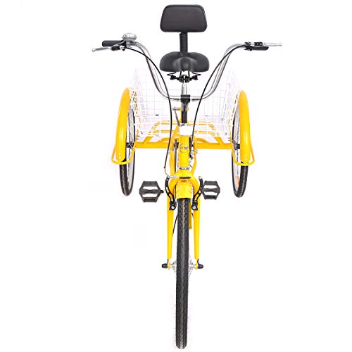 YiiYYaa Adult Tricycle Trike Cruise Bike, 24 Inch Wheel Single Speed 3 Wheeled Bicycle with Large Size Basket for Recreation, Shopping, Exercise (Yellow) - Thumbnail 5