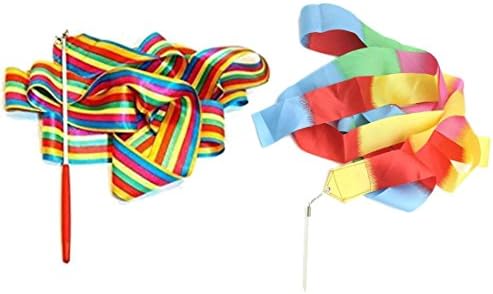 Rhythmic Gymnastics Ribbon with Twirling Rod ,Art Gymnastic Ballet Streamer Wand Dance Dancing Streamers for Kids, Rainbow Color and Flame Color