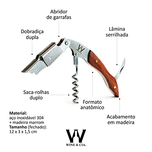 Abridor De Vinho Profissional Tipo Sommelier Saca Rolhas Em Aco 304 + Madeira Marrom