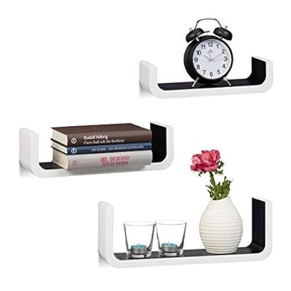 Relaxdays Wandregal 3er Set, dekorative U-form Wandboards, kleine Regalbretter 10 cm tief, bis 40 cm breit, weiß-schwarz
