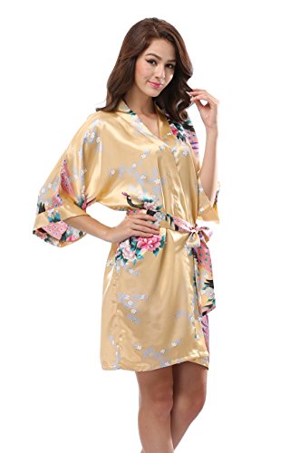 Luvrobes Women's Satin Kimono Robe, Peacock Design, Short (L, Gold)