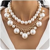 Octwine 2 Tier 1920s Women Gold Layered Pearls Choker Necklaces Trendy Retro Pearls Pendant Gold Necklace Dainty Chunky Link Chain Punk Bar Sexy Choker Necklaces for Women