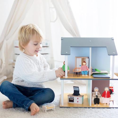 KOWVOWZ Dollhouse Family Figures, Wooden Doll Family People of 8 Figures, Wooden Doll House People for Girls Toddler Kids Dollhouse Accessories Toy