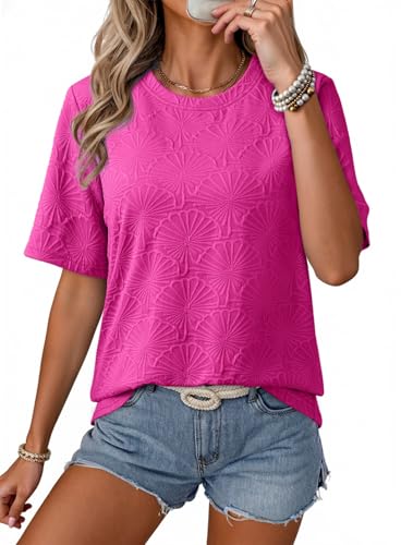 Dokotoo Summer Tops for Women Trendy Crew Neck Pink Tops Fashion Short Sleeve Business Shirts Casual Textured Solid Color Jacquard Blouses Small at Amazon