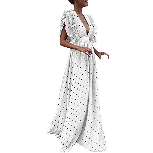 Mysky Women Vintage Dot Print Ruffle Fly Sleeve Prom Dress Ladies Sxey Back Hollow V-Neck Long Party Dress - Thumbnail 4