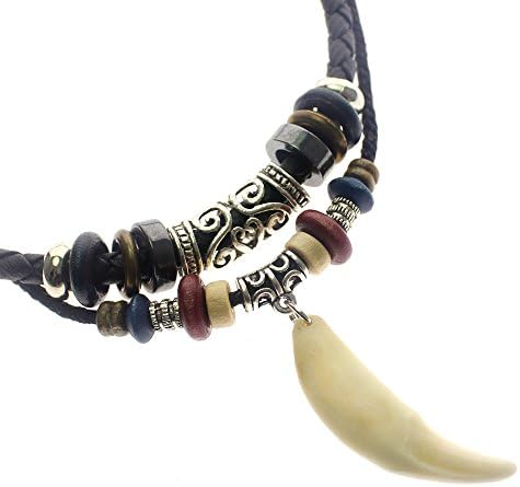 ZONGAO Retro Cool Men's Charm Choker Wolf Tooth Pendant Genuine Leather Alloy Necklace White tooth