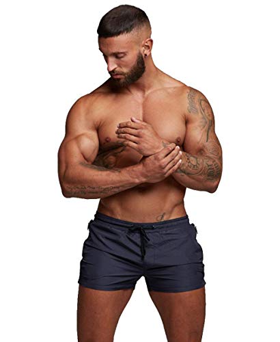 TONLEN Mens Swimwear Sports Shorts Swim Trunks with Zipper Pockets Dark Blue XL
