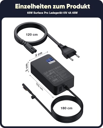 Surface Charging Cable 65 W Microsoft Surface Charger Power Supply for Surface Pro 11/10/9/8/7+/7/6/5/4/3/X, Windows Surface Laptop 7/6/5/4/3/2 Studio i5, Surface Go 4/3/2 Tablet, Surface Book 3/2/1, with USB