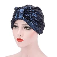 Bolley Joss Glitter Sequin Pleated Turban Stretchy Chemo Sleep Hat Soft Indian Headwear Cap for Women Navy