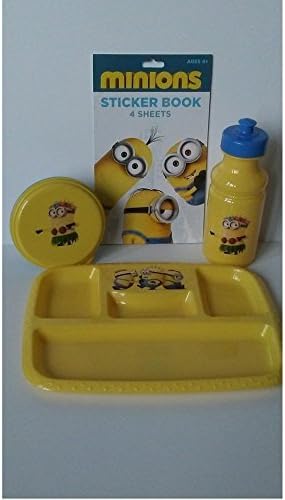 Despical Me Minion Kids Dinnerwar Bundle/stickers! Includes 4 Section Plate, Snack Container, Drink Bottle and Minions Sticker Book