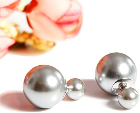 Double Sided Silver Ball Faux Pearl Beads Womens Fashion Elegant Tribal Stud Earrings