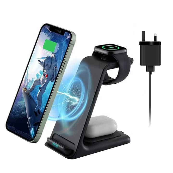 Wireless Charger, 3 in 1 Wireless Charging Station, 18W Fast-Charging Stand for iPhone 14/13/12/11 Pro Max/X/Xs Max/8/8 Plus, iWatch Series 7/6/5/SE/4/3/2, AirPods 3/2/pro & Samsung Phones, UK Plug