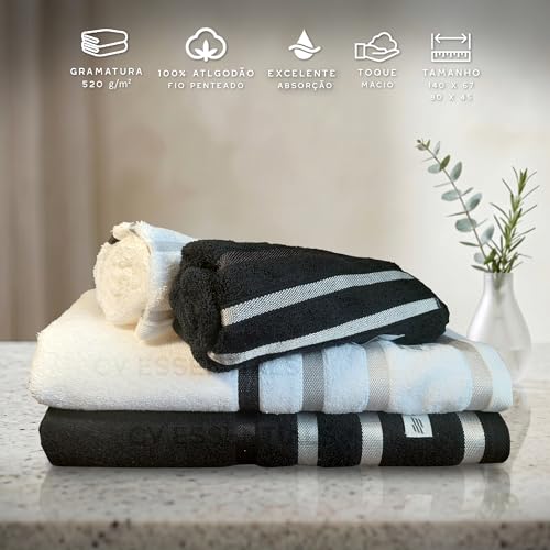 Jogo de Toalhas de Banho Luxo Lumiere 4 Peças, 100% Algodão Fio Penteado 520g/m², Padrão Hotelaria Alta Absorção, 2 Banho 67x140cm e 2 Rosto 45x80cm (Branco e Chumbo)