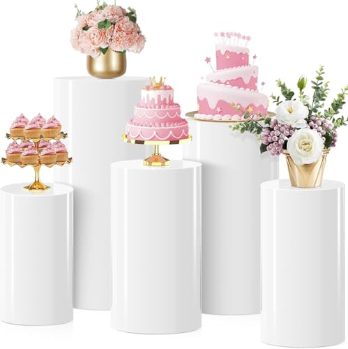 gresonic Set of 5 Hexagonal Wedding Pedestal Decoration Bases, Cake Round Flower Pedestal Stand Plinth Pillars for Wedding Bridal Shower Birthday Decoration (White) (Pack of 5)