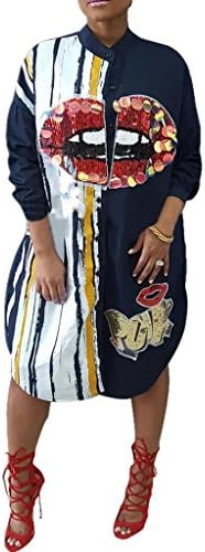 Women Sexy Graphic Sequin Long Sleeve Button Down Shirt Dress Casual Boyfrined Long Blouse Top