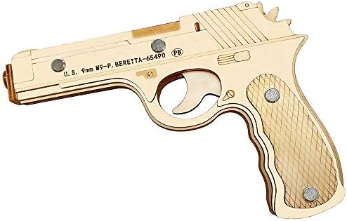 MXMYFF 3D Wooden Jigsaw Rubber Band Pistol Educational Toys DIY Model Assembly Puzzle Kit for Kids Best Gift for Birthday Festival (Beretta M9)