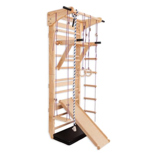 Swedish Ladder Wall Bars with Pull-Up Bar for Kids & Adults - Wooden Stall Bars Home Gym with Gymnastic Rings, Slide, Swing, Climbing Rope & Rope Ladder, Gym Mat