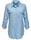 Luna Flower Women's Roll Up Sleeve Denim Checker Flannel Shirt Tops