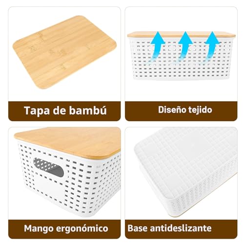 3 Pieces Plastic Storage Baskets with Bamboo Lid Organizer Baskets | Stackable Plastic Organizer Boxes with White Handles for Desk, Office, Cosmetic, Bathroom, Toys
