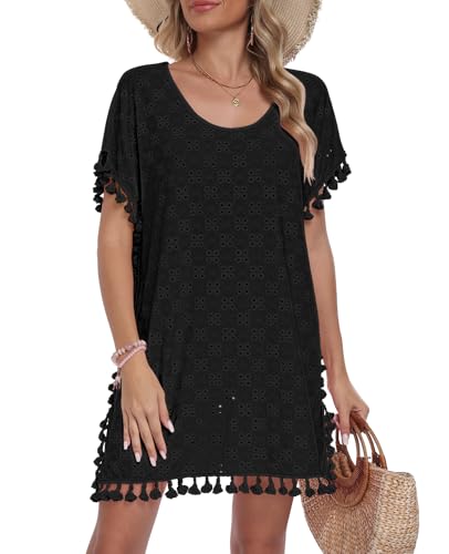DB MOON Womens Swimsuit Cover Up Summer Beach Tassel Hollow Out Bathing Suit Swimwear Dress L, Black-1 at Amazon