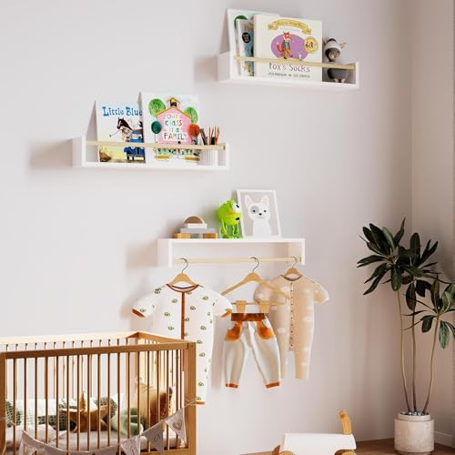 Kids Nursery Bookshelves, 16.5 Inch Floating Shelves for Wall Set of 3, Bookshelf for Bedroom, Baby Nursery Decor (White and Natural Wood)