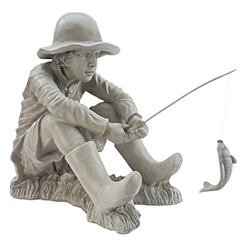 Design Toscano Gone Fishing Fisherman Boy Garden Statue, 17 Inch, Polyresin, Two Tone Stone