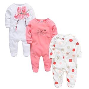 Baby rompertjes 3-pack, lange mouwen rompertjes jongens meisjes met voeten slaappak katoen baby onesie kleding voor 0-12…