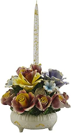 Capodimonte Authentic Italian Multicolor Gold Rose Flower Blooming Bouquet Single Candle Holder