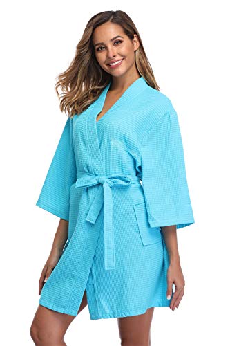 Vogue Bridal Waffle Weave Kimono Robe with Embroidered Bathrobe for Bridesmaid,Sky Blue