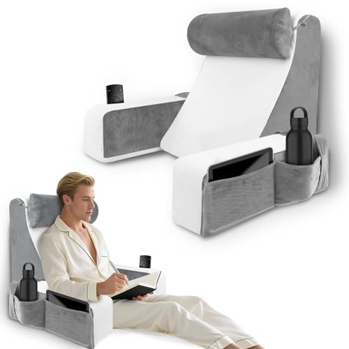 HOMCA Reading Pillow for Bed and Sofa with Removable Neck Pillow and Armrests, Pillows for Reading/Relaxing/Watching TV, with Pocket and Washable Cover (38x47x57cm)
