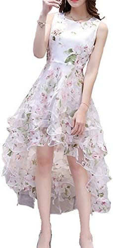 Zecoo Women's White Floral Print Gauze Panel Multi Layer Sleeveless Hi-lo Dress (XXL, Grass Green)