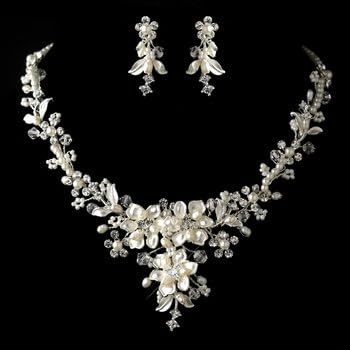 Silver Diamond White Freshwater Pearl, Crystal & Rhinestone Bridal Necklace & Earrings Jewelry Set 9696