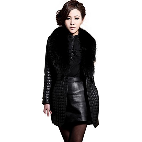 Nmch Women's Faux Fur Collar Leather Coat Jacket Button Outerwear Long Overcoat Pocket (Black, Small)