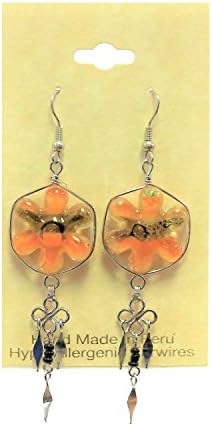 Peruvian - Glass Drop Dangle Earrings - Hand Crafted. Aprx Length: 2" (Flower Orange)