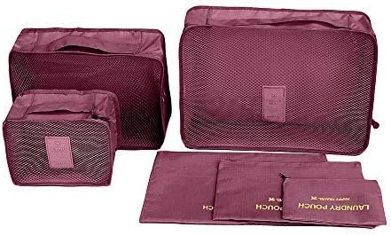 Mbangde 6 Set Waterproof Packing Cubes, Backpack Storage Bags, Travel Luggage Clothes Compression Organizer - 3 Travel Cubes + 3 Pouches - Dark Red