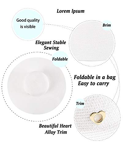 Women Straw Sun Beach Hat - White Large Wide Brim Floppy Face Sunhat Foldable for Summer UV Protection