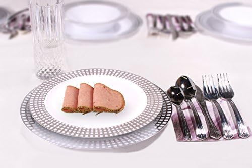 PARTY BARGAINS White Silver 240 Plastic Plates & 480 Upscale Collection Cutlery | Signature Collection China Like Silver Border Plate and Elegant Silverware - 720 Pcs | Combo Pack for 120 People