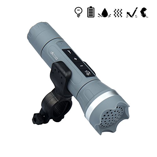ELINKUME LED Flashlight Torch, 5 In 1 Multi-Functional USB 4000mAh Rechargeable Bicycle Lights, 3W 200LM Hi-Fi Bluetooth Speaker Power Bank Attack Hammer for Night Riding/Camping/Emergency (Grey)