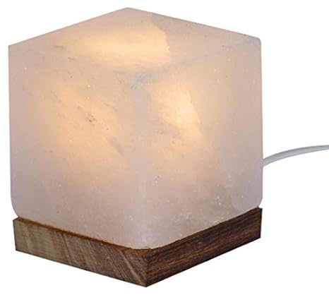 HIMALAYA SALT DREAMS - Beleuchteter Salzkristall KUBUS White Line, mit Holzsockel, inklusive Elektrik und Spezial-Leuchtmitte