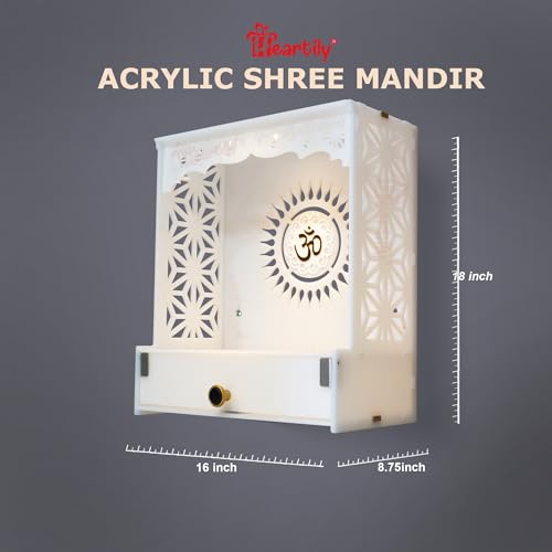 Heartily® Acrylic Shree Beautiful Pooja Stand for Home Mandir for Home Temple for Home and Office Puja Mandir for Home and Office Wall with LED Spot Light Product (H- 18, L- 16, W-8.75 Inch)