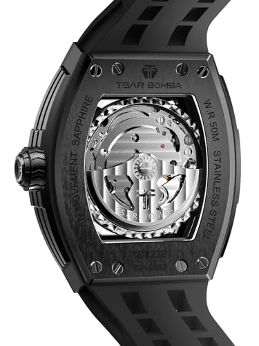 TSAR BOMBA Men's Automatic Watch Skeleton Watch Luxury Barrel Mechanical Watch 50m Waterproof Analog Watch