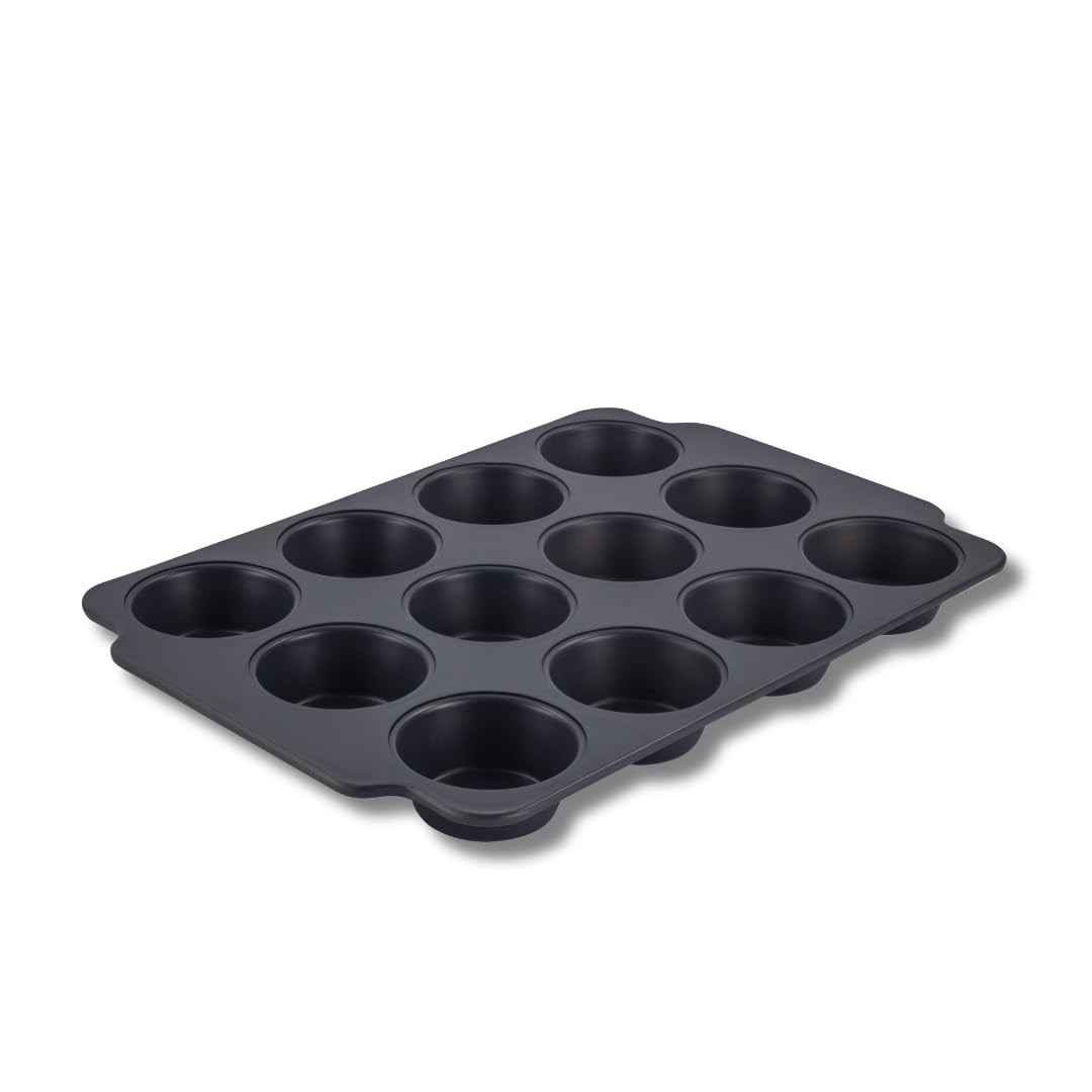 Scoville Ultra Lift 12-Cup Muffin Tray for Oven, Non-Stick Baking Tray, Perfect for Muffins, Cupcakes & Yorkshire Puddings, Oven Safe up-to 260°C, Dishwasher Safe, PFOA Free, Aluminium, Grey