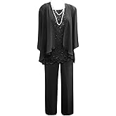 Senunlia 3 Pieces Chiffon Mother of The Bride Pant Suits for Wedding Guest Dresses Lace Wedding Guest Outfit for Women