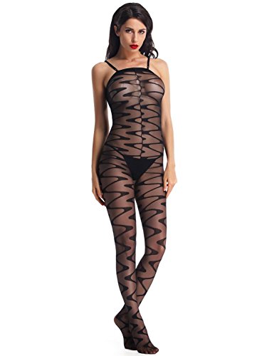 Amoretu Womens Lingerie Sheer Bodystocking Crotchless Pantyhose Black Striped Tights