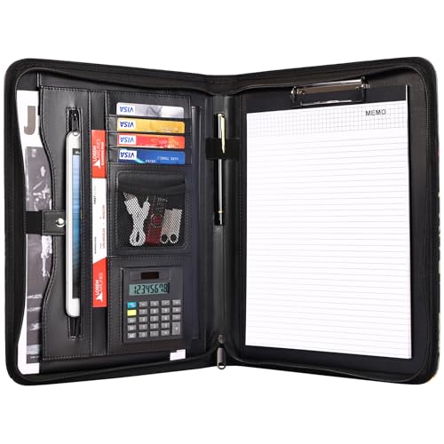 Leathario A4 Konferenzmappe, Schreibmappe A4 Mit Reißverschluss, Portfolio Dokumentenmappe Mappe Schreibblock Schwarz