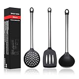 Silicone Cooking Kitchen Utensil Set 3 Pcs - Non Stick Stainless Steel Silicone Serving Utensils (Ladle, Slotted Turner, Skimmers) For Cooking/Baking/BBQ, BPA Free & FDA