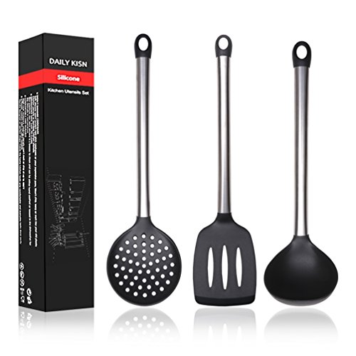 Silicone Cooking Kitchen Utensil Set 3 Pcs - Non Stick Stainless Steel Silicone Serving Utensils (Ladle, Slotted Turner, Skimmers) For Cooking/Baking/BBQ, BPA Free & FDA