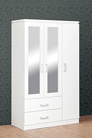 Seconique Charles 3 Door 2 Drawer Mirrored Wardrobe In White