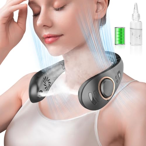 Neck Fan with Mist Spray-Neck Fans that Blow Cold Air,Folding 4000Mah Portable Personal USB Rechargeable Battery Operated Fan with Mister,Cooling Bladeless Travel Misting Fan for Neck Around Black